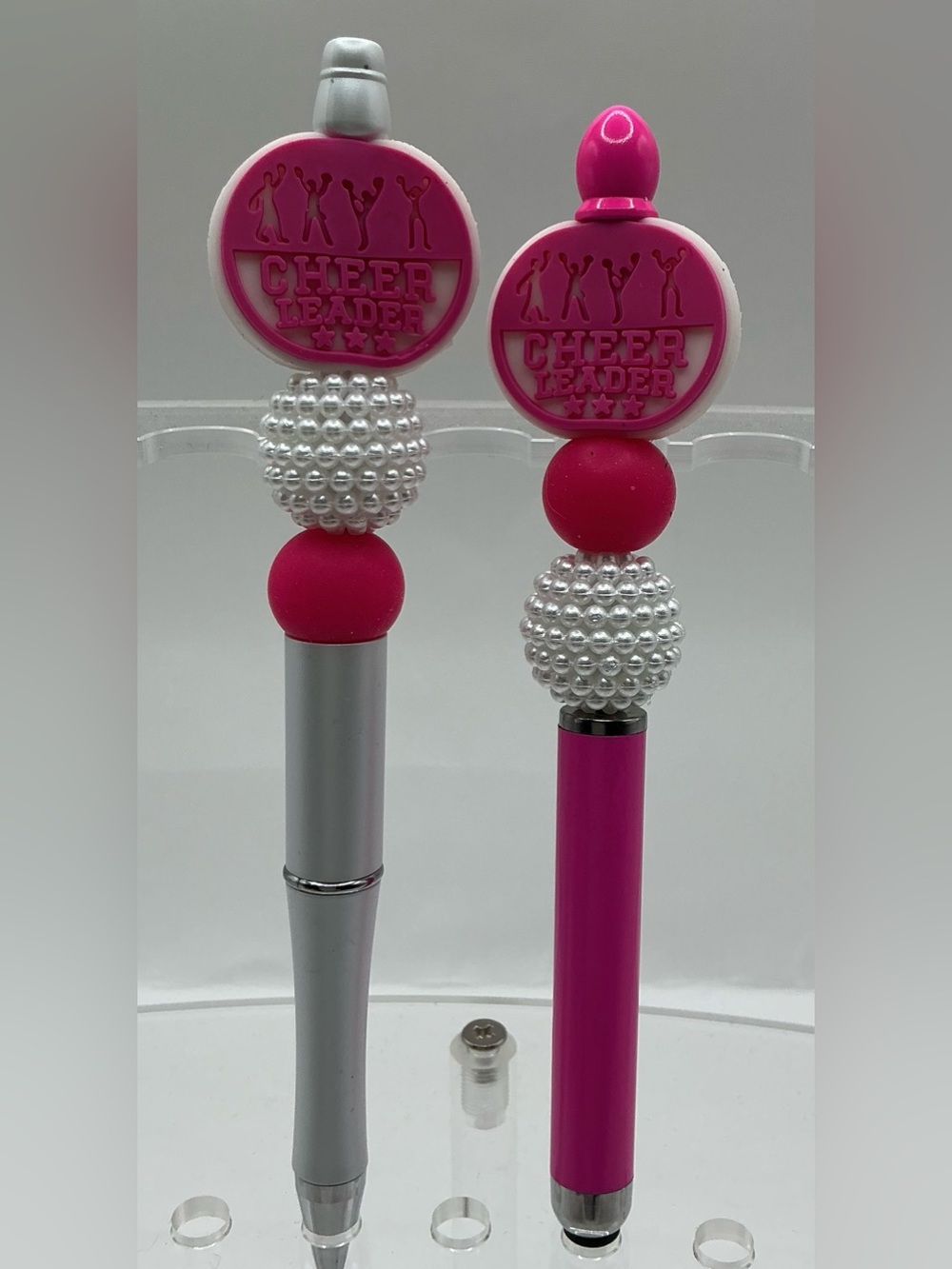 BEADED DECORATIVE HANDMADE PEN AND STYLUS SET PINK AND WHITE CHEERLEADER